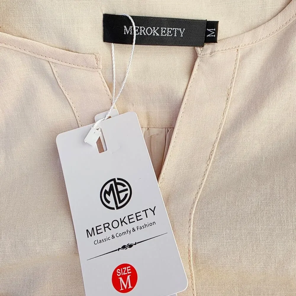 New MEROKEETY Midi Dress Medium Cream Tie Waist Bell Sleeve Cottagecore Milkmaid - Picture 8 of 13